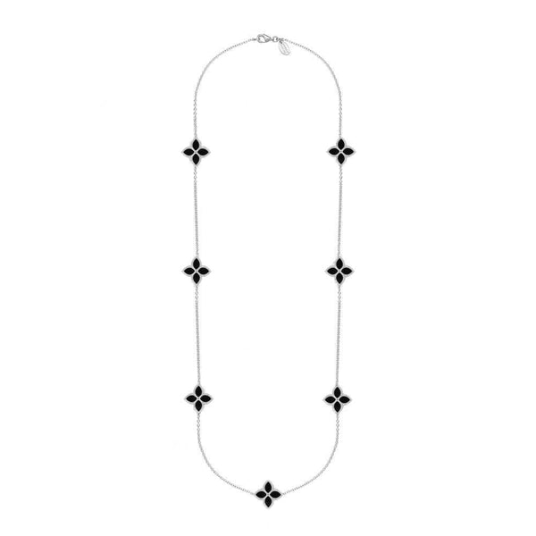 18ct White Gold Whitby Jet Bloom Long Flower Ball Edge Necklace, N1157