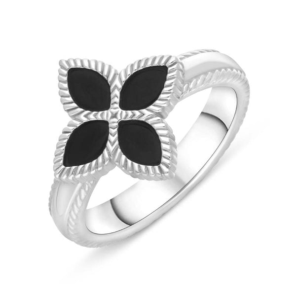 18ct White Gold Whitby Jet Bloom Flower Ball Edge Ring, R1276