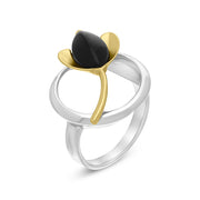 18ct Yellow Gold Plated Sterling Silver Whitby Jet Open Circle Leaf Ring, R1281