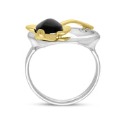 18ct Yellow Gold Plated Sterling Silver Whitby Jet Open Circle Leaf Ring