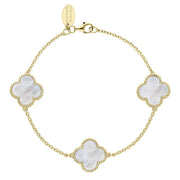 18ct Yellow Gold WHITE MOP Bloom Four Leaf Clover Ball Edge Chain Bracelet, B1153