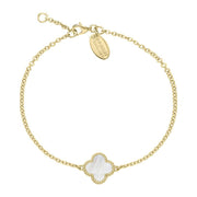 18ct Yellow Gold WHITE MOP Bloom Four Leaf Clover Ball Edge Chain Bracelet, B1154