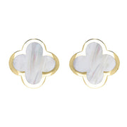 18ct Yellow Gold WHITE MOP Bloom Four Leaf Clover Stud Earrings, E2465 