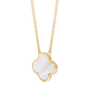 18ct Yellow Gold White Mother of Pearl Bloom Large Four Leaf Clover Polished Edge Pendant