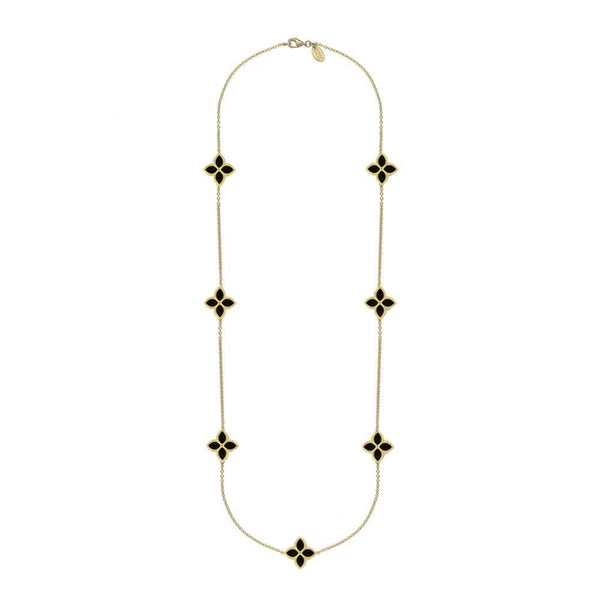 18ct Yellow Gold Whitby Jet Bloom Long Flower Ball Edge Necklace, N1157