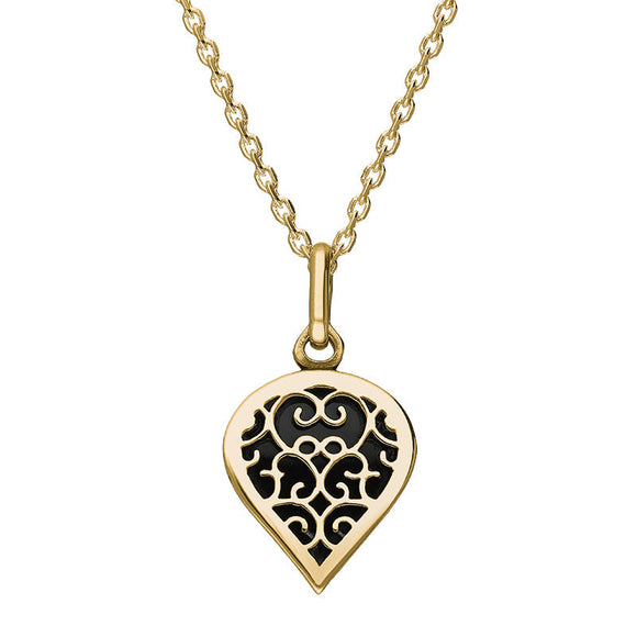 18ct Yellow Gold Whitby Jet Flore Filigree Small Heart Necklace. P3629.
