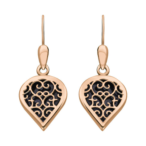 18ct Rose Gold Blue Goldstone Flore Filigree Heart Drop Earrings. E2588.