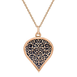 18ct Rose Gold Blue Goldstone Flore Filigree Large Heart Necklace. P3631.