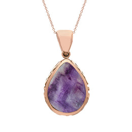 18ct Rose Gold Blue John White Mother Of Pearl Double Sided Celtic Edge Pear Cut Fob Necklace, P410.