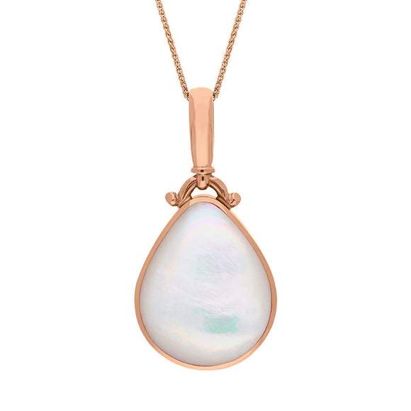 18ct Rose Gold Blue John Mother of Pearl Double Sided Pear Fob Necklace, P056_2.