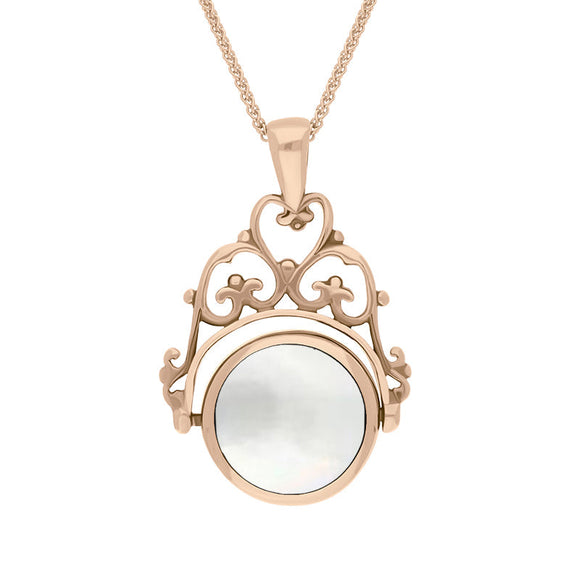 18ct Rose Gold Blue John Mother Of Pearl Double Sided Round Swivel Fob Necklace, P110_2.