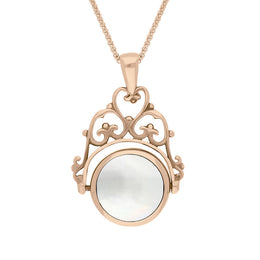 18ct Rose Gold Blue John Mother Of Pearl Double Sided Round Swivel Fob Necklace, P110_2.