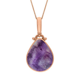 18ct Rose Gold Blue John Whitby Jet Double Sided Pear Fob Necklace, P056_2.