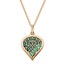 18ct Rose Gold Malachite Flore Filigree Medium Heart Necklace. P3630.