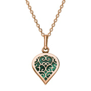 18ct Rose Gold Malachite Flore Filigree Small Heart Necklace. P3629.