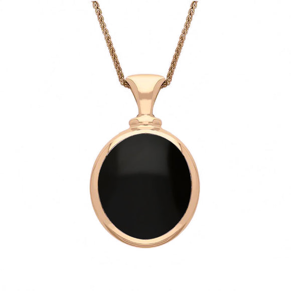 18ct Rose Gold Whitby Jet Blue John Small Double Sided Oval Fob Necklace, P219_2.