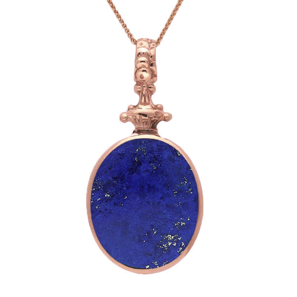 18ct Rose Gold Whitby Jet Lapis Lazuli Double Sided Oval Fob Necklace, P100.