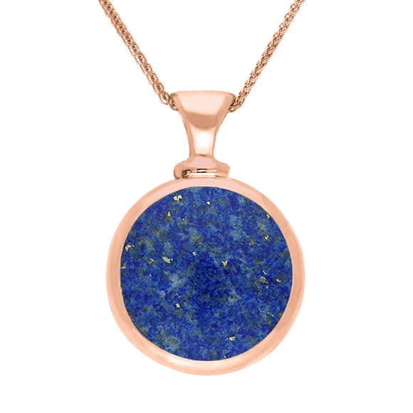 18ct Rose Gold Whitby Jet Lapis Lazuli Double Sided Round Dinky Fob Necklace, P218.