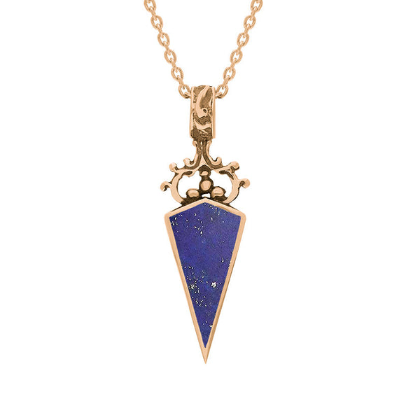 18ct Rose Gold Whitby Jet Lapis Lazuli Double Sided Scroll Top Dagger Fob Necklace, P423.