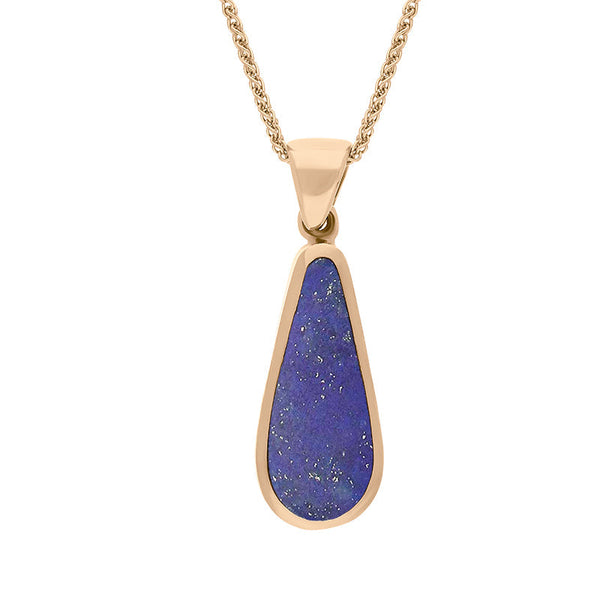 18ct Rose Gold Whitby Jet Lapis Lazuli Small Double Sided Pear Cut Fob Necklace, P835.