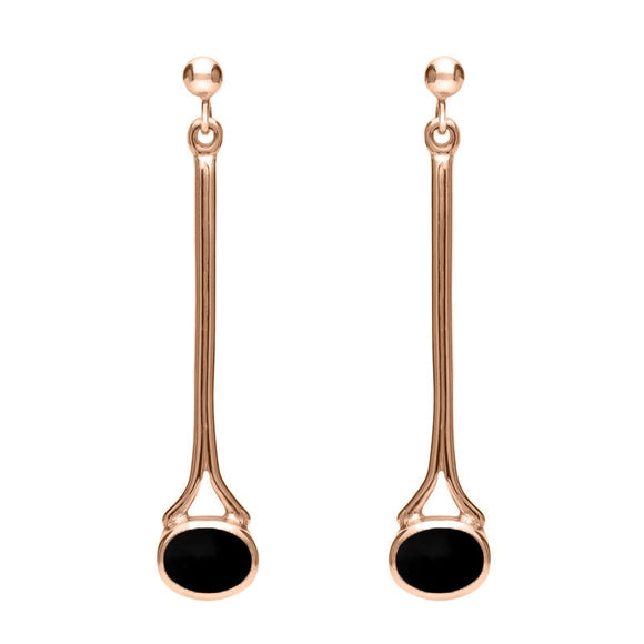 18ct Rose Gold Whitby Jet Long Drop Earrings. E094.