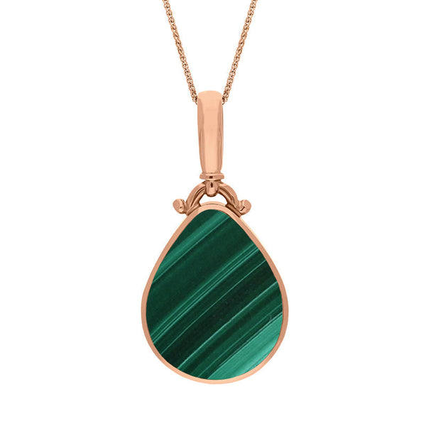 18ct Rose Gold Whitby Jet Malachite Double Sided Pear Fob Necklace, P056.