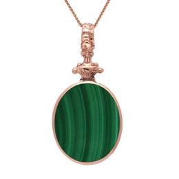 18ct Rose Gold Whitby Jet Malachite Double Sided Oval Fob Necklace, P100.