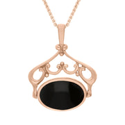 18ct Rose Gold Whitby Jet Malachite Ornate Double Sided Oval Swivel Fob Necklace, P116_8_2.