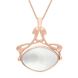 18ct Rose Gold Whitby Jet Mother Of Pearl Bell Diamond Swivel Fob Necklace, P113_10.