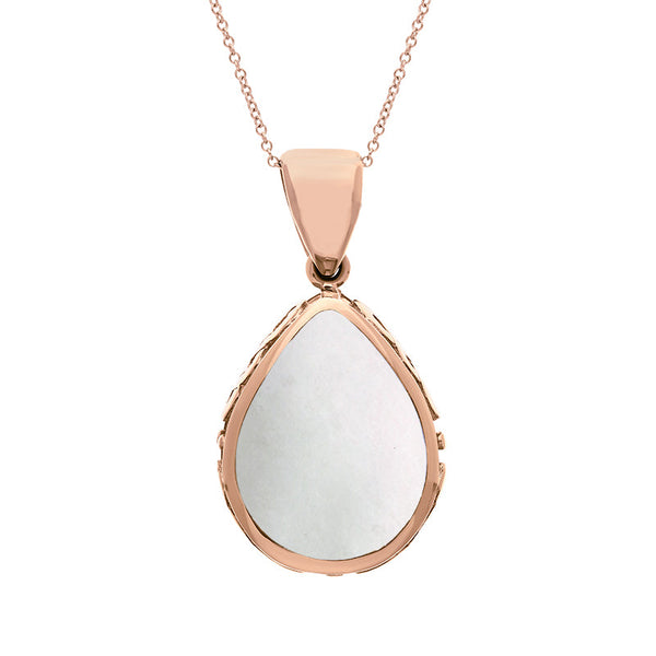 18ct Rose Gold Whitby Jet White Mother Of Pearl Double Sided Celtic Edge Pear Cut Fob Necklace, P410.