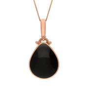 18ct Rose Gold Whitby Jet Mother of Pearl Double Sided Pear Fob Necklace, P056_2.