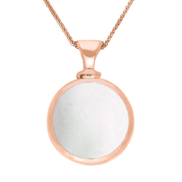 18ct Rose Gold Whitby Jet White Mother Of Pearl Double Sided Round Dinky Fob Necklace, P218.