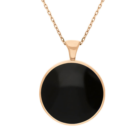 18ct Rose Gold Whitby Jet Mother Of Pearl Large Double Sided Round Fob Necklace, P012_2.