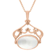 18ct Rose Gold Whitby Jet Mother Of Pearl Ornate Double Sided Oval Swivel Fob Necklace, P116_8.