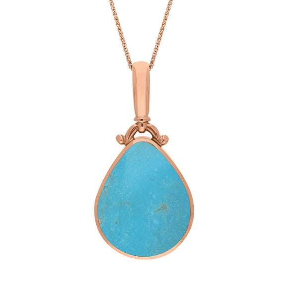 18ct Rose Gold Whitby Jet Turquoise Double Sided Pear Fob Necklace, P056.