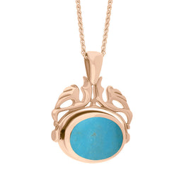 18ct Rose Gold Whitby Jet Turquoise Double Sided Oval Swivel Fob Necklace, P104_4_3.