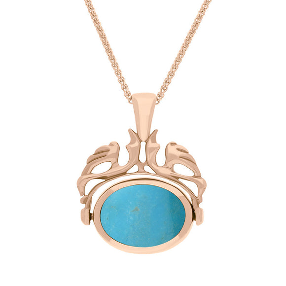 18ct Rose Gold Whitby Jet Turquoise Double Sided Oval Swivel Fob Necklace, P104_4.
