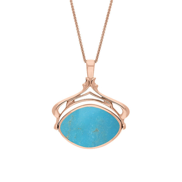 18ct Rose Gold Whitby Jet Turquoise Marquise Swivel Fob Necklace, P115_10.