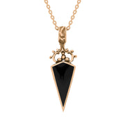 18ct Rose Gold Whitby Jet White Mother Of Pearl Double Sided Scroll Top Dagger Fob Necklace, P423_2.