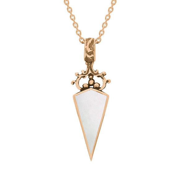18ct Rose Gold Whitby Jet White Mother Of Pearl Double Sided Scroll Top Dagger Fob Necklace, P423.