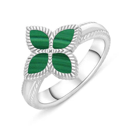 18ct White Gold Malachite Bloom Flower Ball Edge Ring, R1276