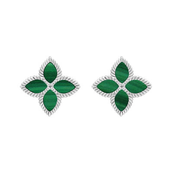 18ct White Gold Malachite Bloom Flower Ball Edge Stud Earrings E2602