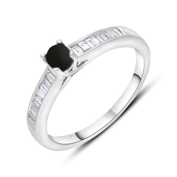 18ct White Gold Whitby Jet Diamond 0.20ct Round Claw Set Ring, R1270.