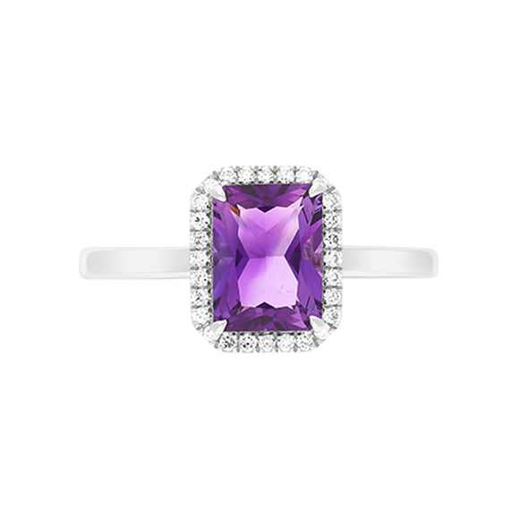 18ct White Gold Amethyst Diamond Emerald Cut Cluster Ring