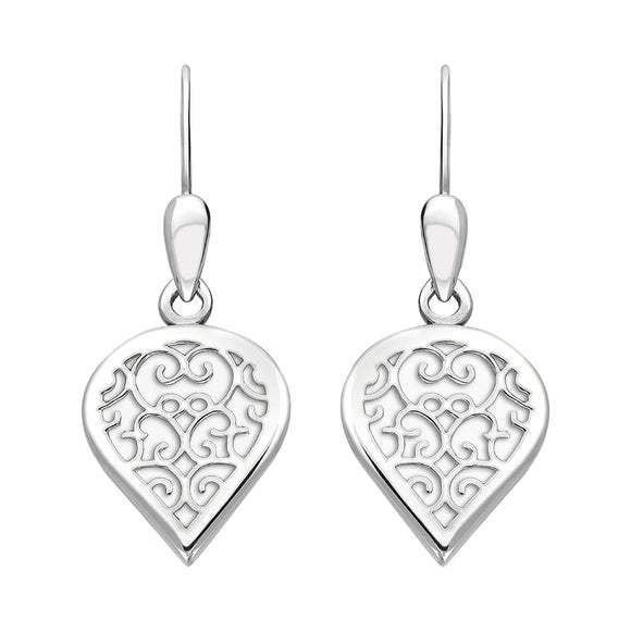 18ct White Gold Bauxite Flore Filigree Heart Drop Earrings. E2588.