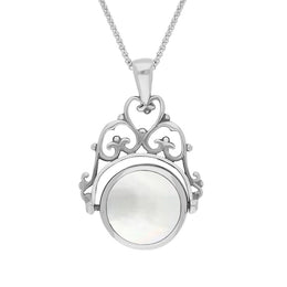 18ct White Gold Blue John Mother Of Pearl Double Sided Round Swivel Fob Necklace, P110_2.