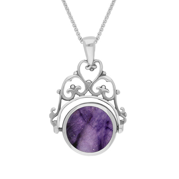 18ct White Gold Blue John Mother Of Pearl Double Sided Round Swivel Fob Necklace, P110_2_2.