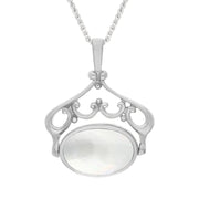 18ct White Gold Blue John Mother Of Pearl Ornate Double Sided Oval Swivel Fob Necklace, P116_8_2.