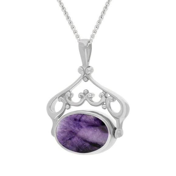 18ct White Gold Blue John Mother Of Pearl Ornate Double Sided Oval Swivel Fob Necklace, P116_8_3.