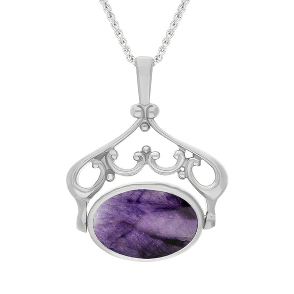 18ct White Gold Blue John Mother Of Pearl Ornate Double Sided Oval Swivel Fob Necklace, P116_8.